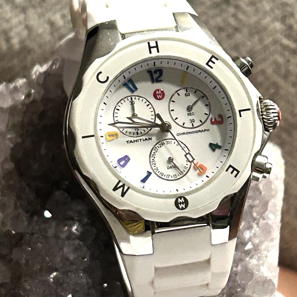 Michele Jelly Bean Tahitian Chronograph Watch with White Strap